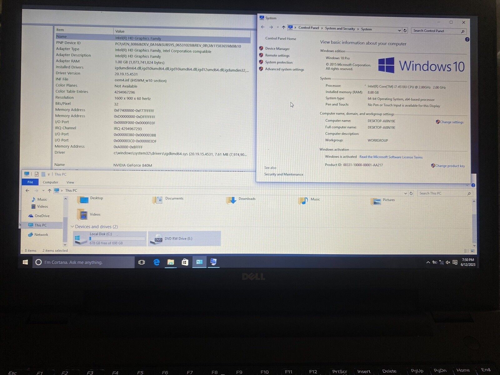 Dell Inspiron 5000- 5748| Intel i7-4510U 2GHz| 8GBRAM| 750 GBHDD DVD/RW Win10Pro