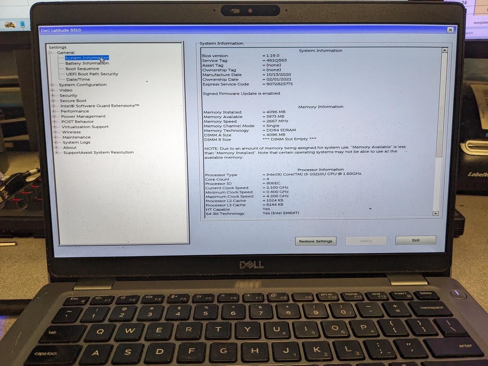 DELL LATITUDE 5310 i5-10210U @ 1.60GHz, 4GB RAM, NO HDD/OS