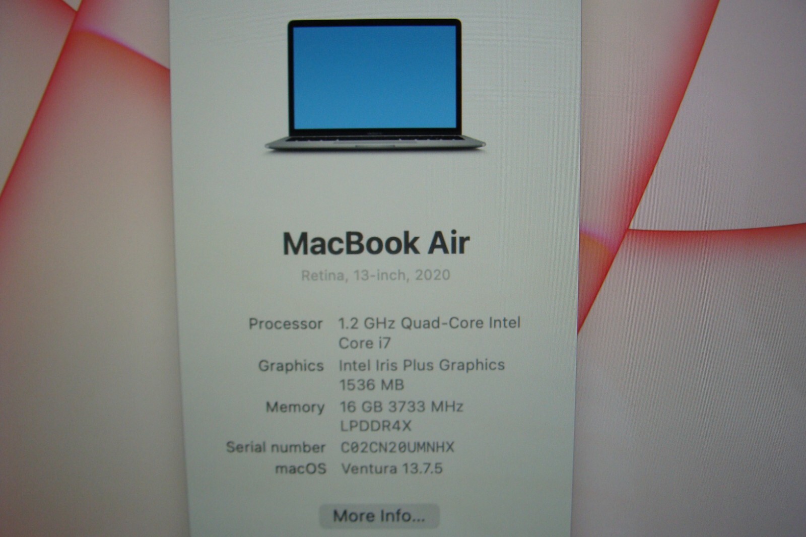 Apple MacBook Air 13″ A2179/BTO (2020) i7-1060NG7 1.2GHz 16GB 256GB OS Ventura