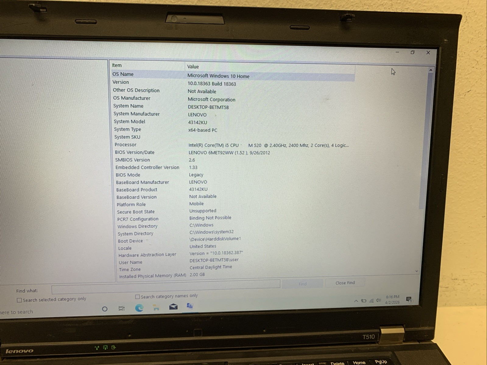 Lenovo ThinkPad T510 Intel i5-M520 2.4GHz 2GB RAM 256B SSD WIND 10 Home Read Des