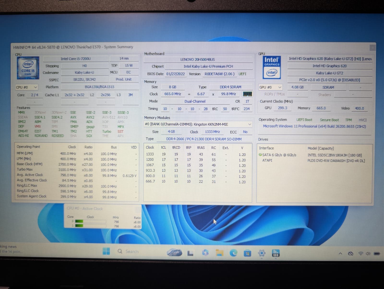 LENOVO THINKPAD E570 | i5-7200U 8GB RAM 180GB SSD | HD Windows 11 Pro | DVD-RW