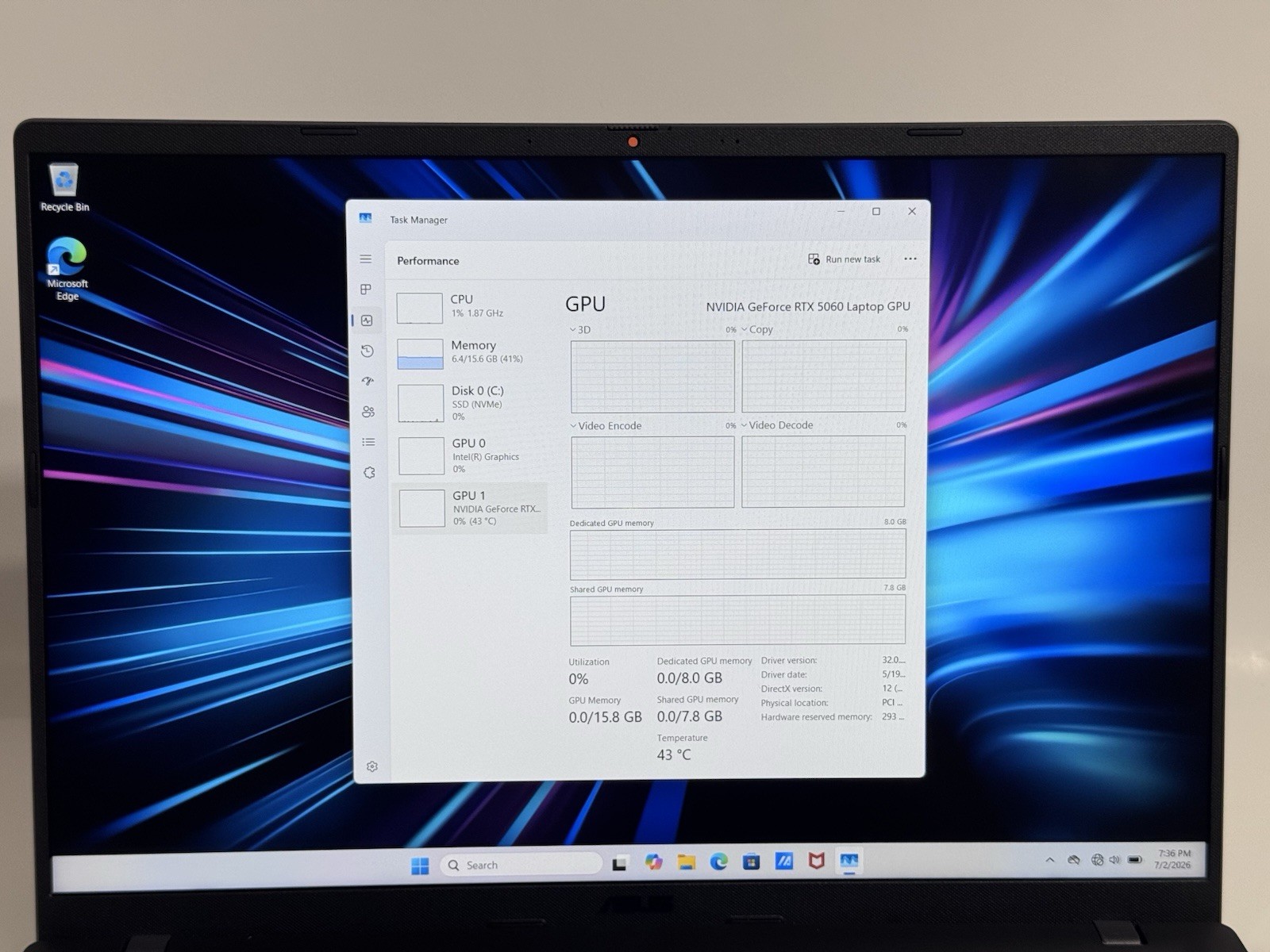 Asus V16 V3607VM 16″ FHD+ 144Hz 2.5 GHz Core 7 240H 16GB 1TB SSD RTX 5060