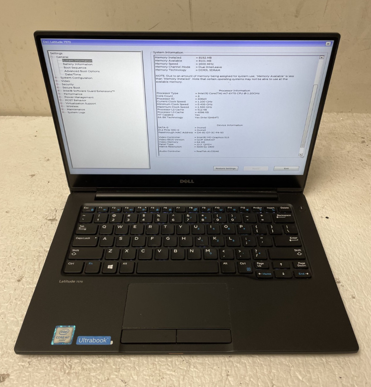 Dell Latitude 7370 m7-6Y75 @1.20GHz 8GB RAM NO SSD Touchscreen For Parts *READ