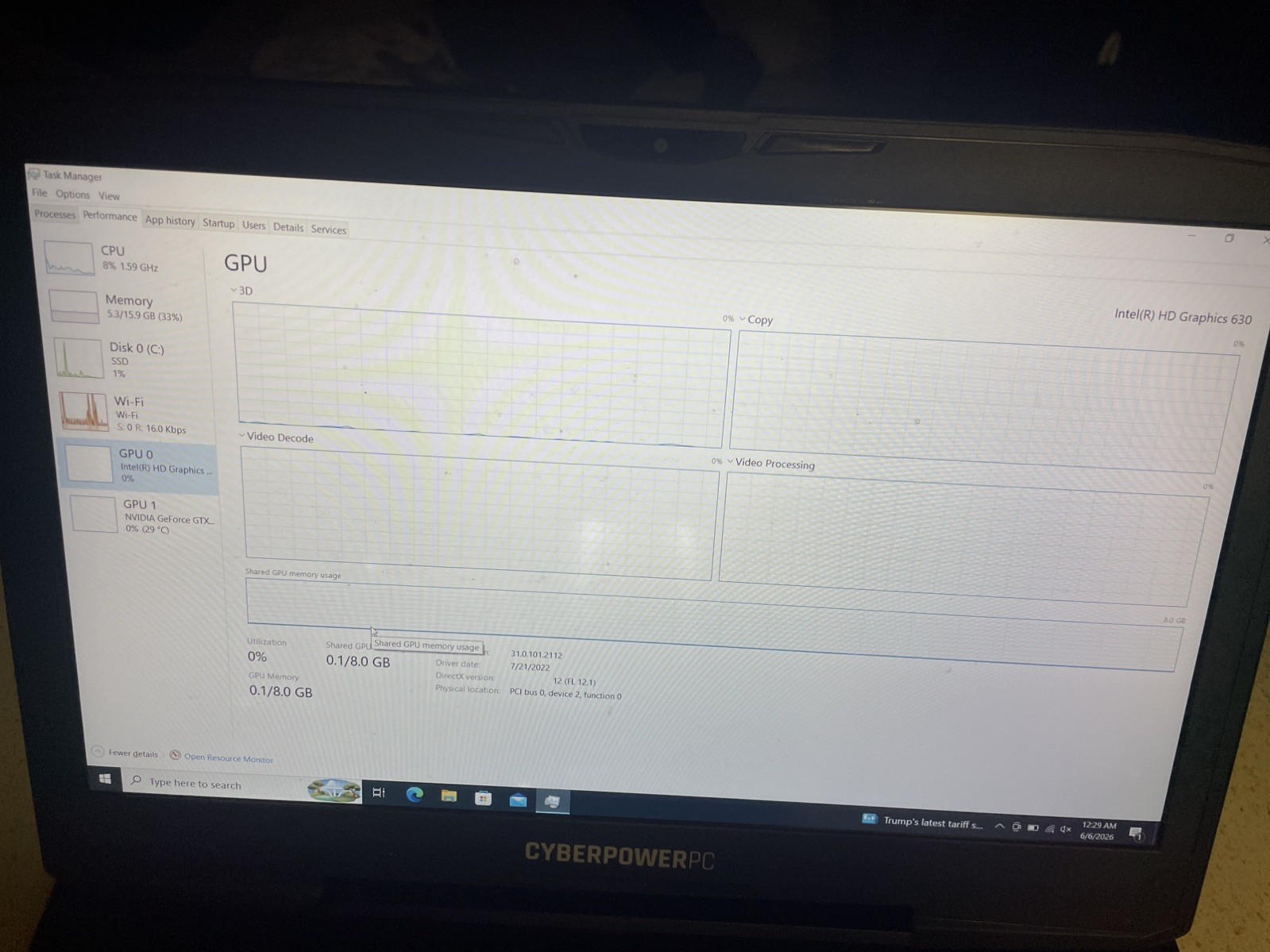 CyberPower Tracer Gaming Laptop I7-7700HQ NVIDIA GeForce GTX 1050 Ti 16GB RAM