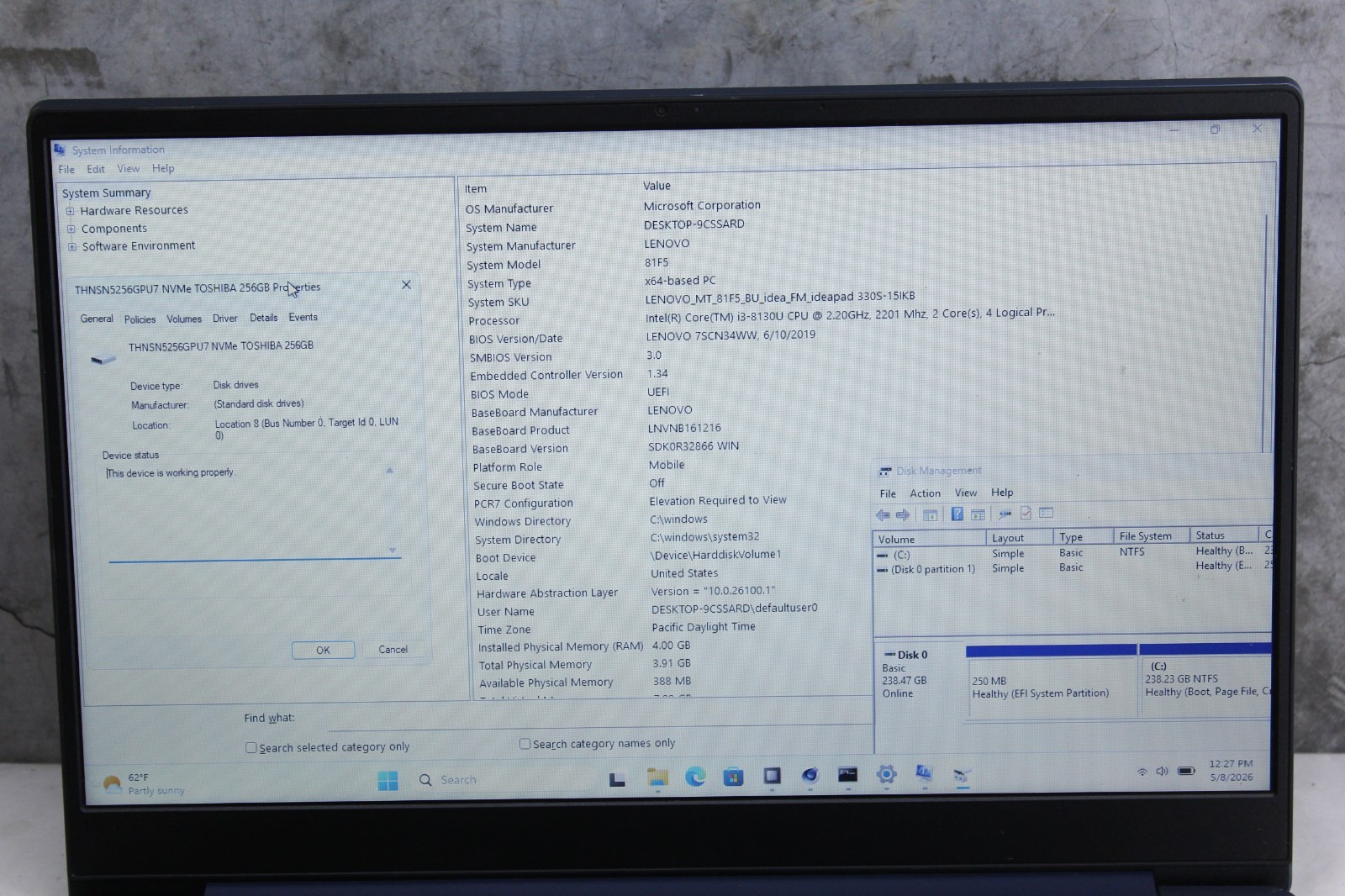 Lenovo IdeaPad 330s 15-IKB i3-8130U, 4GB, 256GB NVMe, *Buzzy Spkr* Win 11 Pro