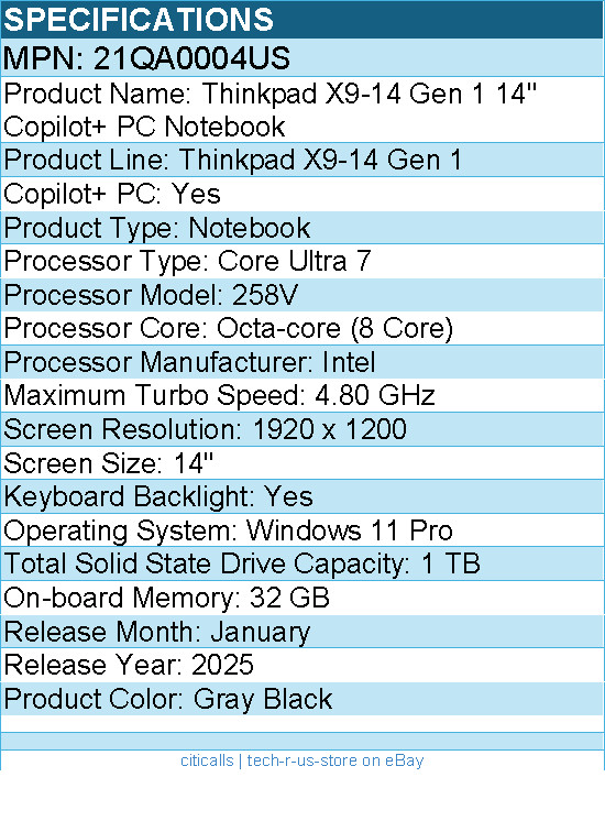 Lenovo 21QA0004US Thinkpad X9-14 Gen 1 14″ Copilot+ PC Notebook – Gray Black
