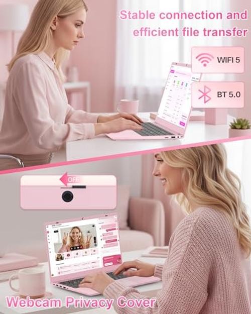 Pink Laptop Computer for Students, 15.6 Inch FHD IPS Display, 12GB RAM 256GB