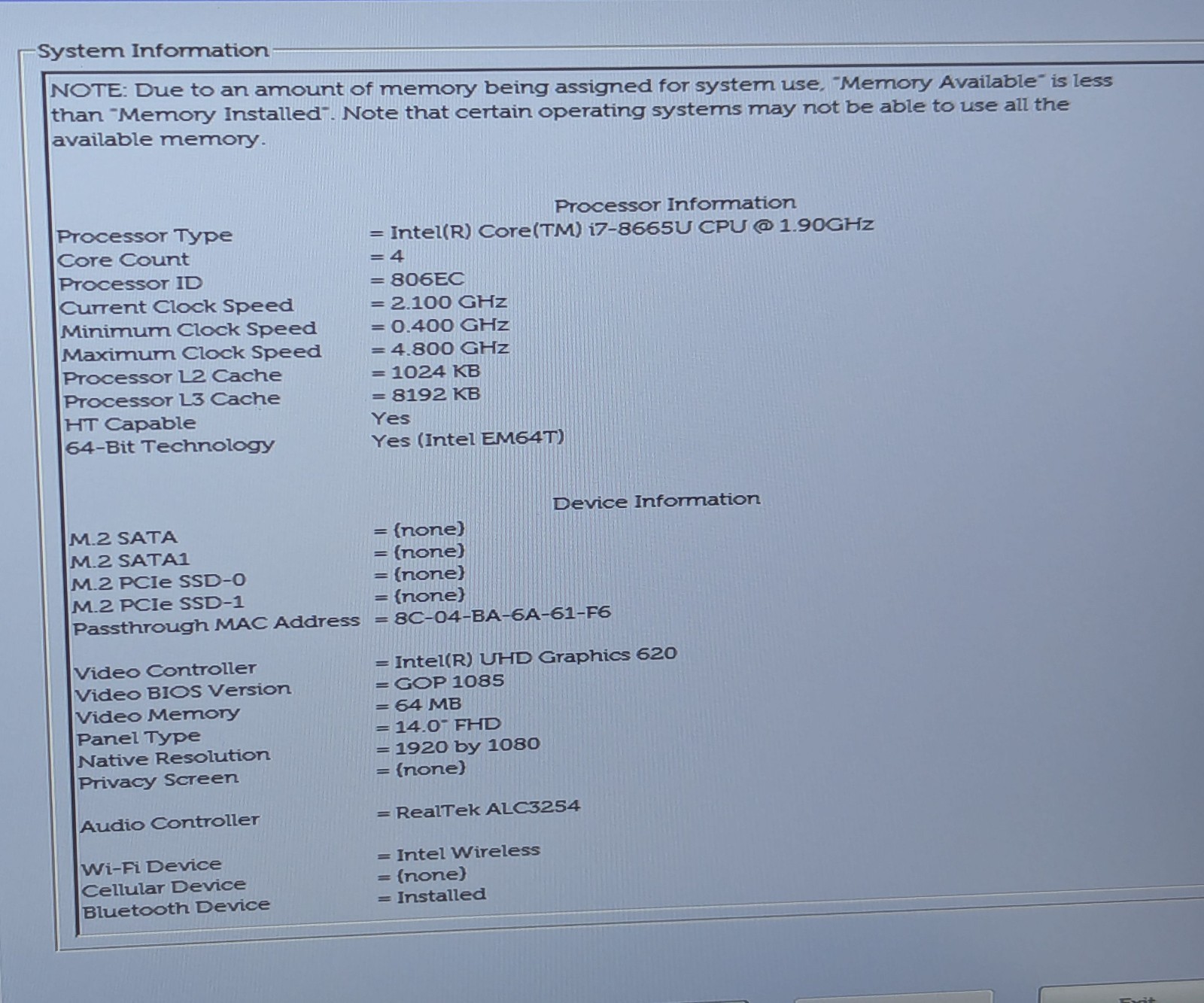Incomplete Dell Latitude 7400 14″ Laptop Intel i7-8665U 1.90GHz 8GB RAM – *READ*