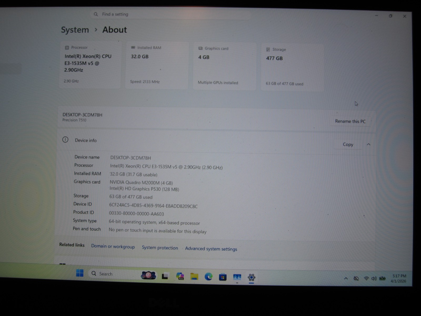 Dell Precision 7510 Laptop Xeon E3-1535M 2.90Ghz 32GB DDR4 512GB SSD QuadroM2000