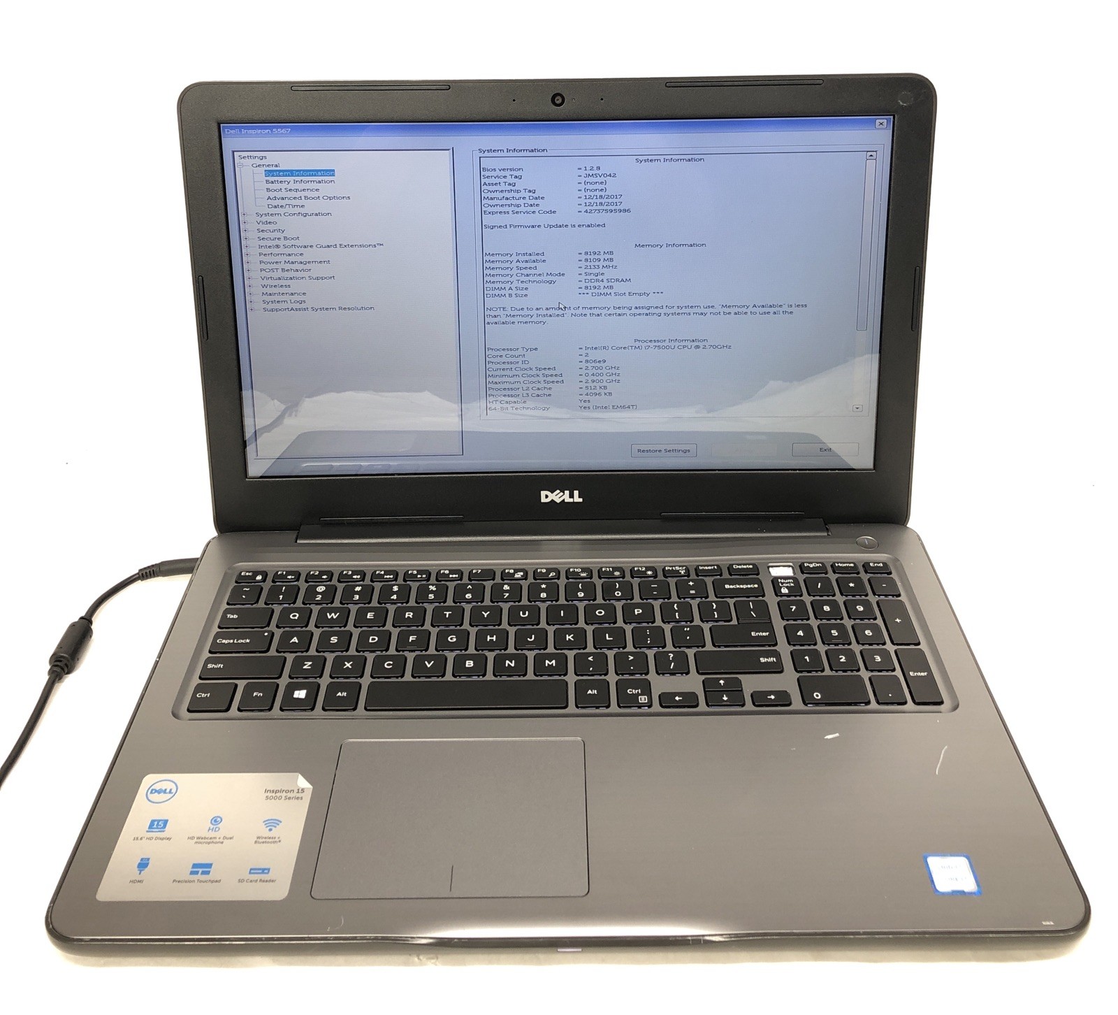 Dell Inspiron 5567, Intel Core i7-7500U @2.70Ghz, 8GB RAM, NO SSD/OS, Tested!