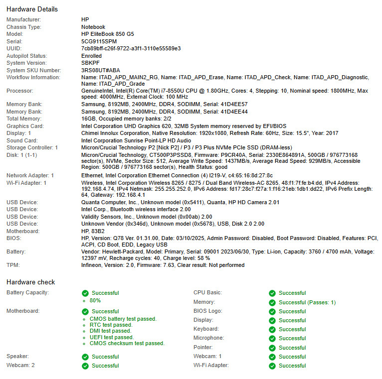 HP EliteBook 850 G5, i7-8550U CPU, @ 1.80GHz, 16GB RAM, 500GB NVMe-No OS/Charger