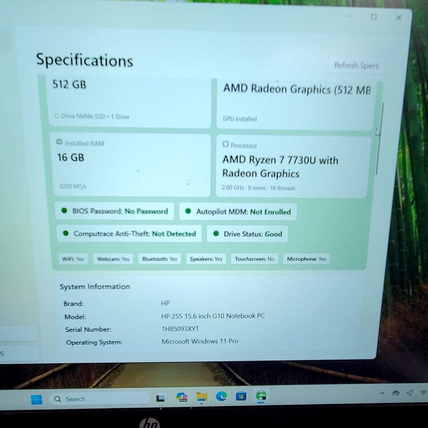 HP 255 G10 15.6″ Ryzen 7 7730U 2.0GHz 16GB RAM 512GB SSD READ