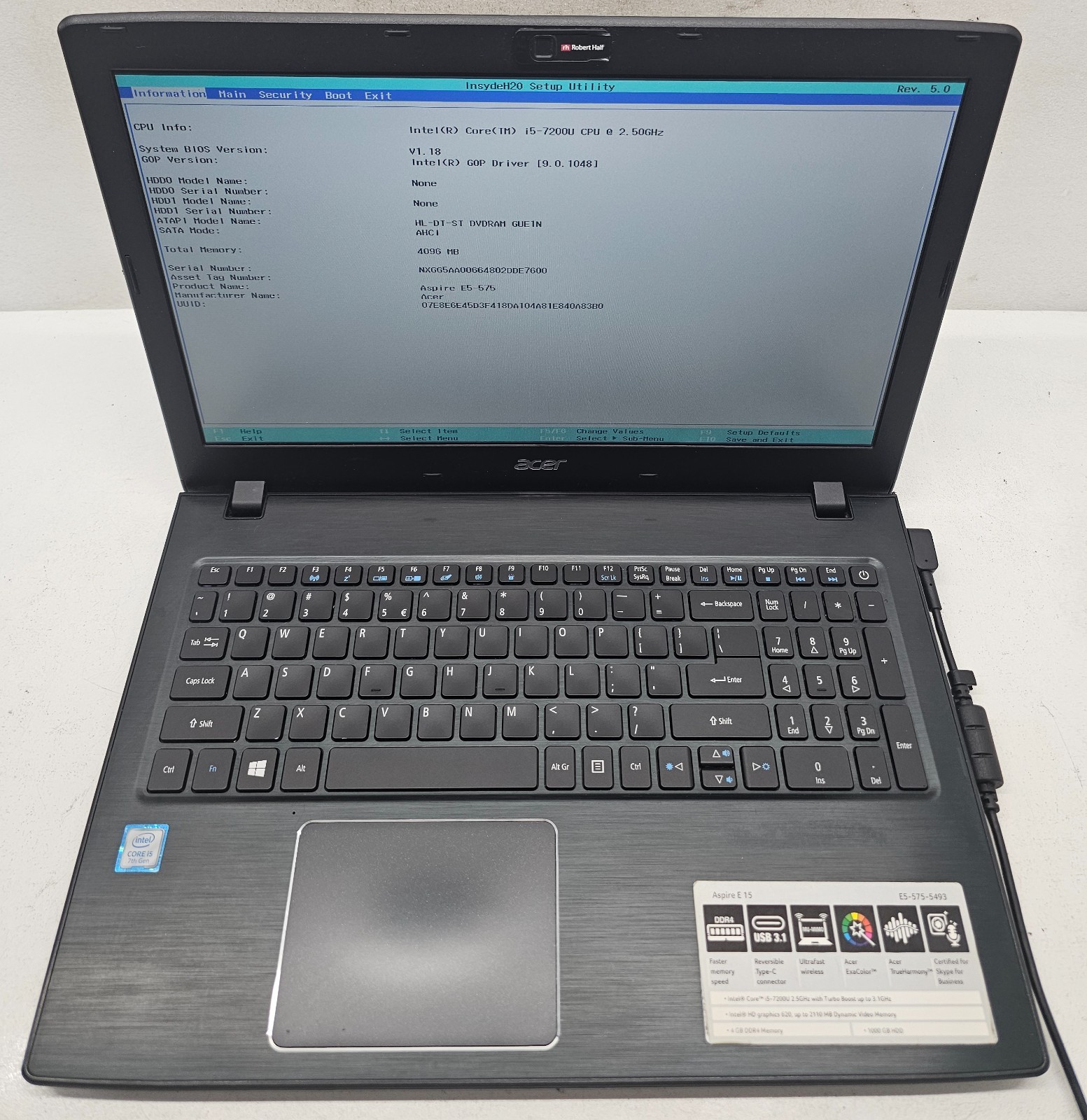 Acer Aspire E 15 E5-575-5493 Laptop Intel Core i5-7200U 4GB Ram NO HD/OS (FL)