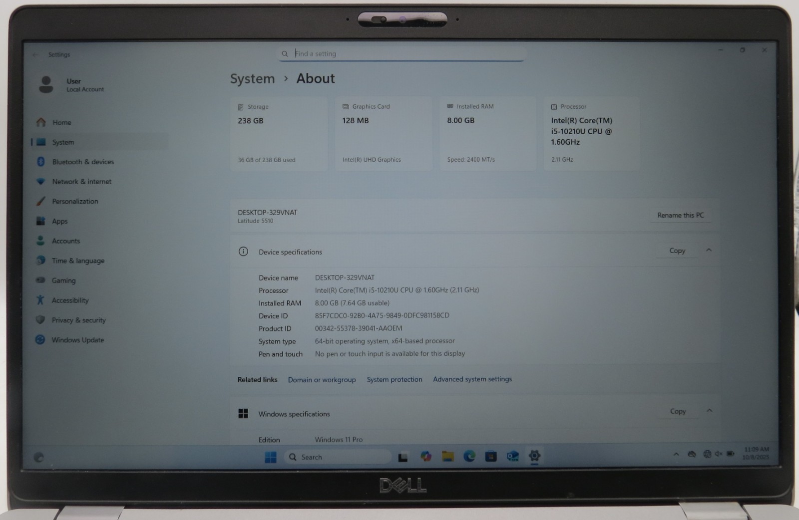 Dell Latitude 5510 i5-10210U @1.60GHz 8GB RAM 256GB NVME WIN 11 Pro *READ*