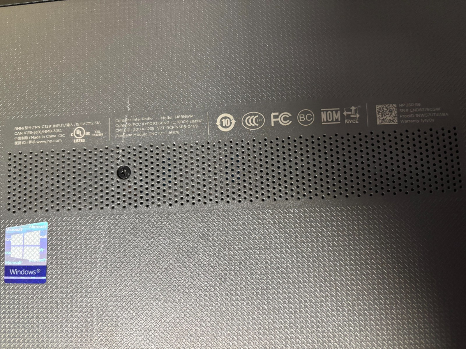HP 250 G6 Notebook PC Core i5-7200u @ 2.50GHz 8GB RAM SN:CND8375CGW