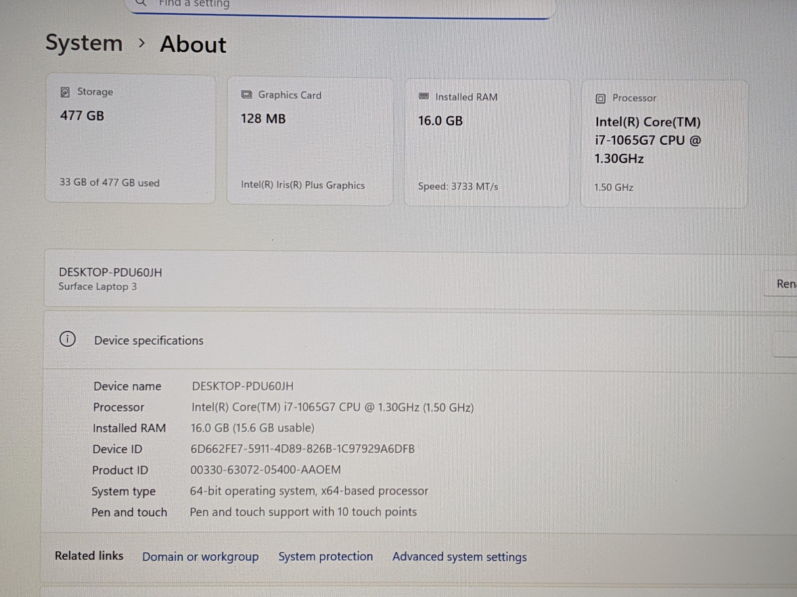 MS Surface Laptop 3 1872 15″2496×1664 TOUCH i7-1065G7 1.3GHz 16GB 512GB W11P +PA