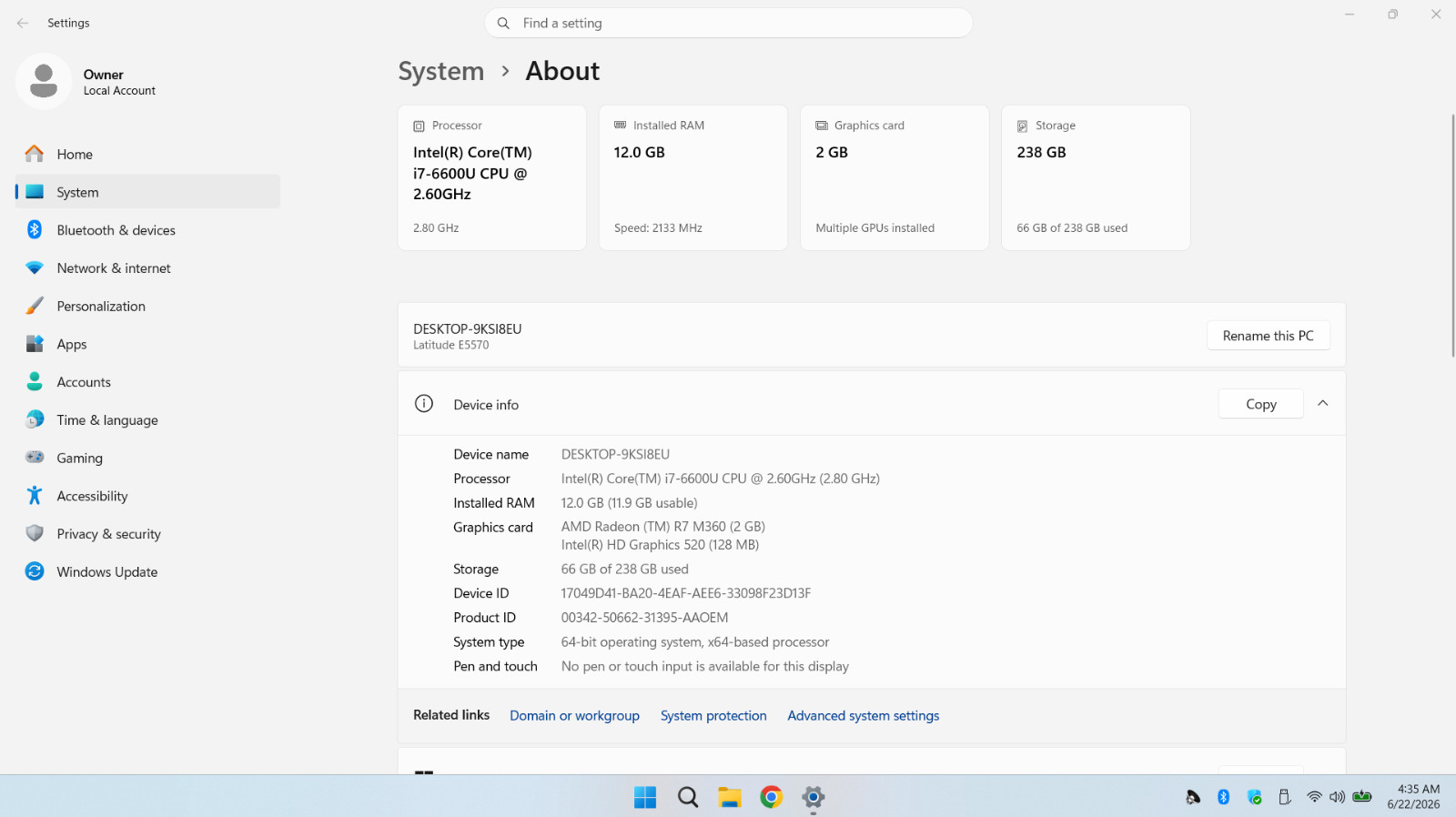 DELL LATITUDE E5570 15.6″ INTEL i7-6600U 12GB MEM 256GB SSD WIN11 PRO – 7S6TRC2