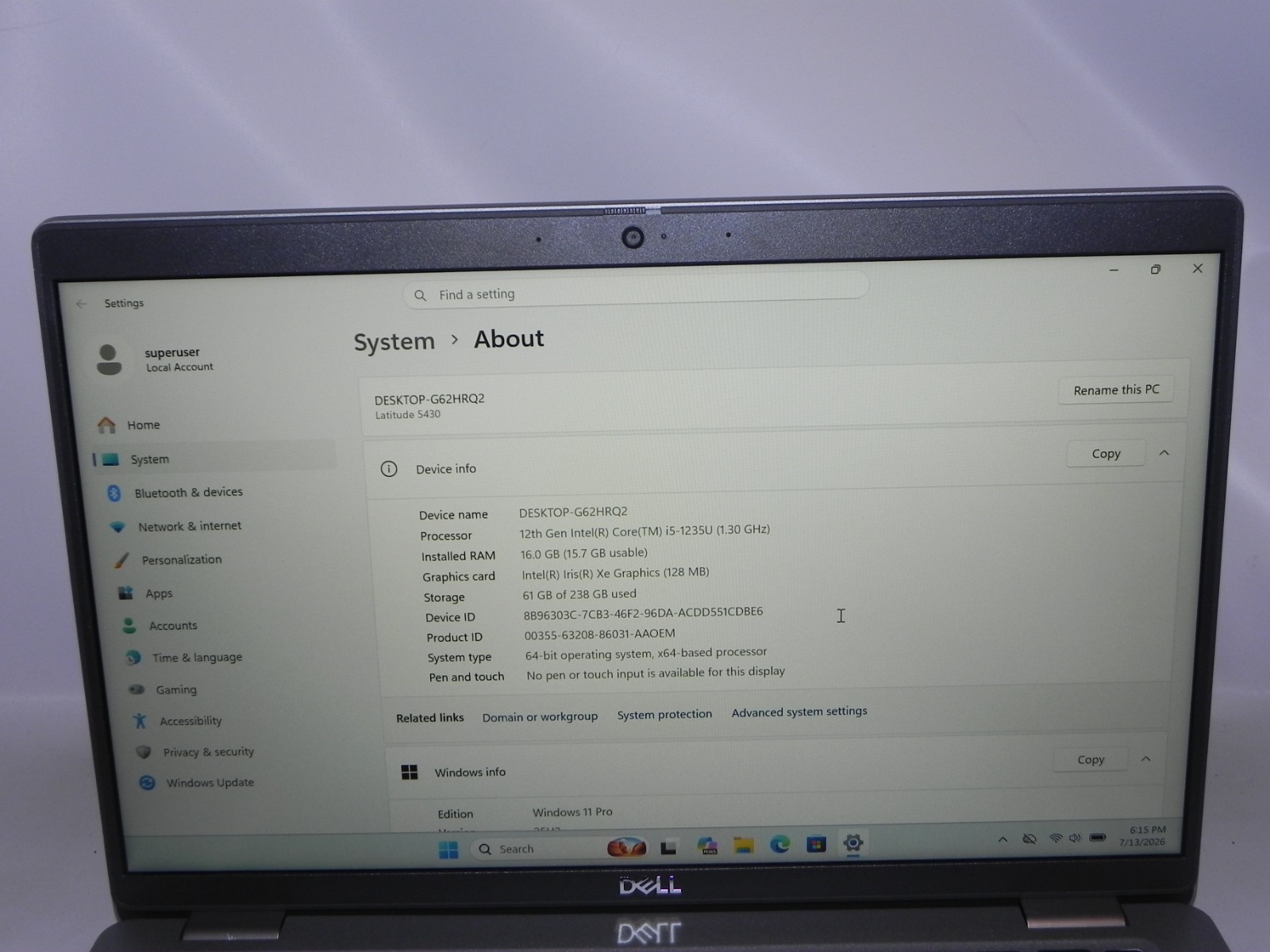 Dell Latitude 5430 14″ Windows 11 Pro Intel i5-1235u 1.3GHz 16GB RAM 256SSD