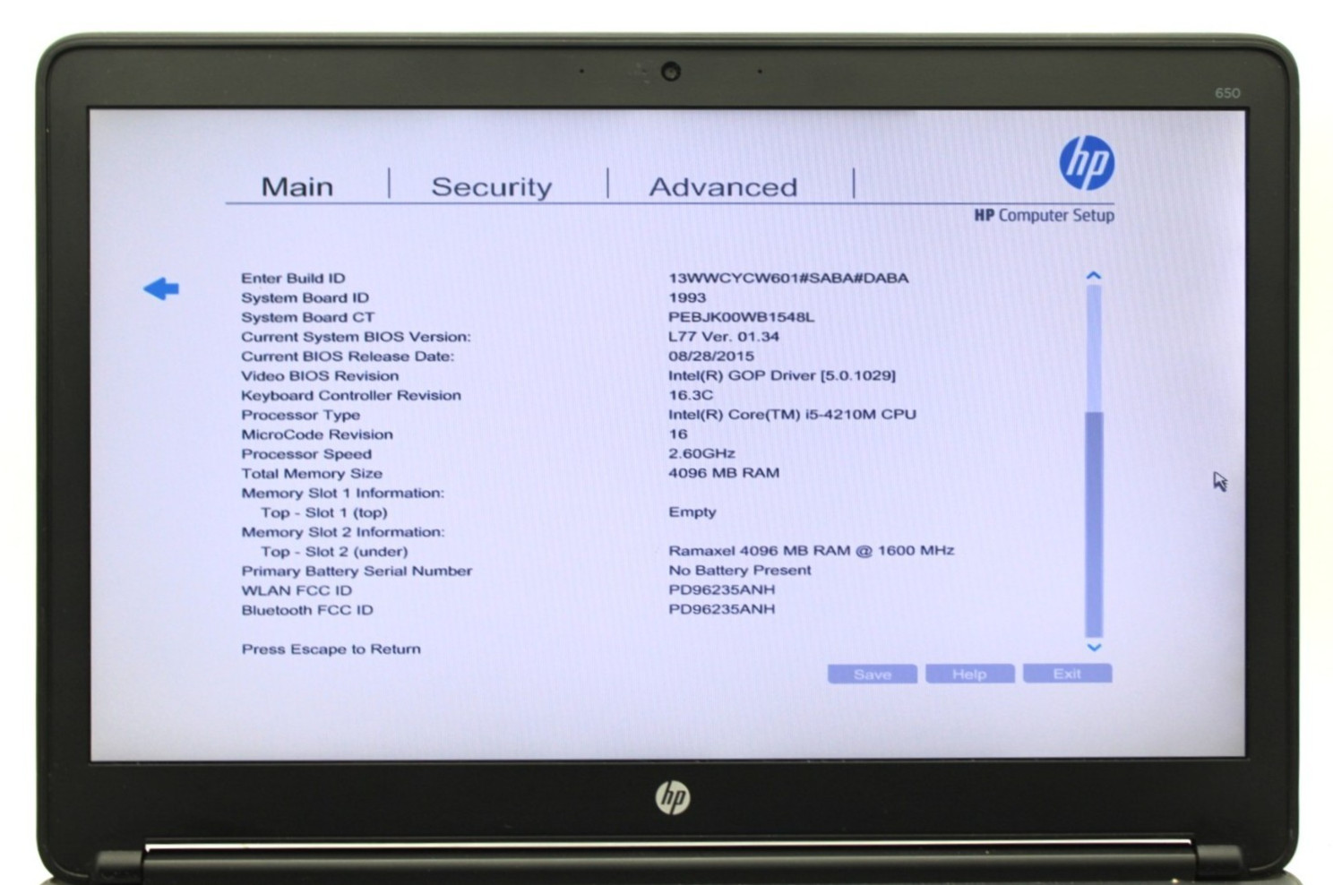 HP ProBook 650 G1 i5-4310M@2.7GHz 4GB DDR3 NO STORAGE OR OS *USED/TESTED*