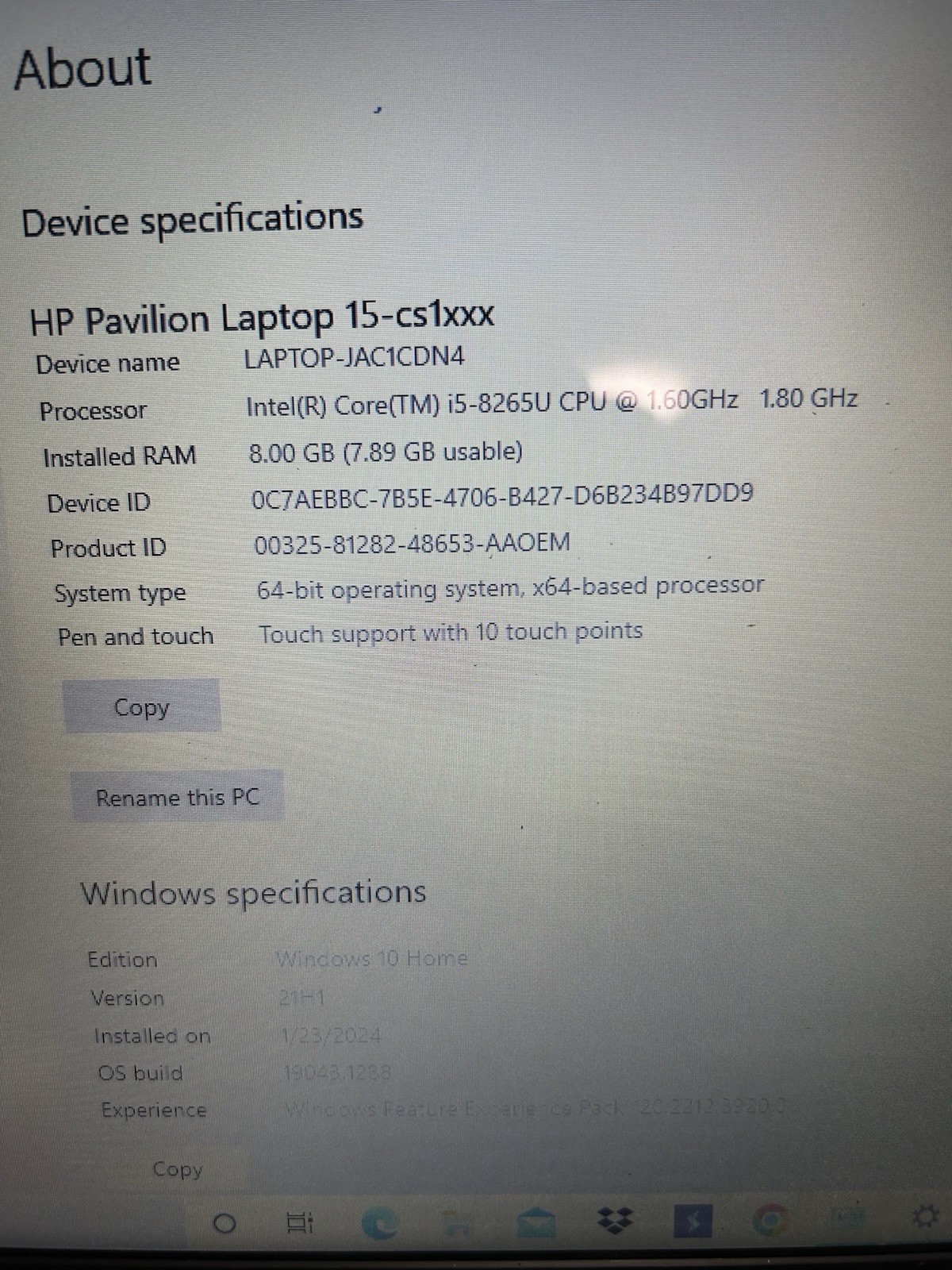 HP PAVILION 15-CS1063CL | CORE i5-8265U | 1 TB | 8GB | W/ POWER ADAPTER