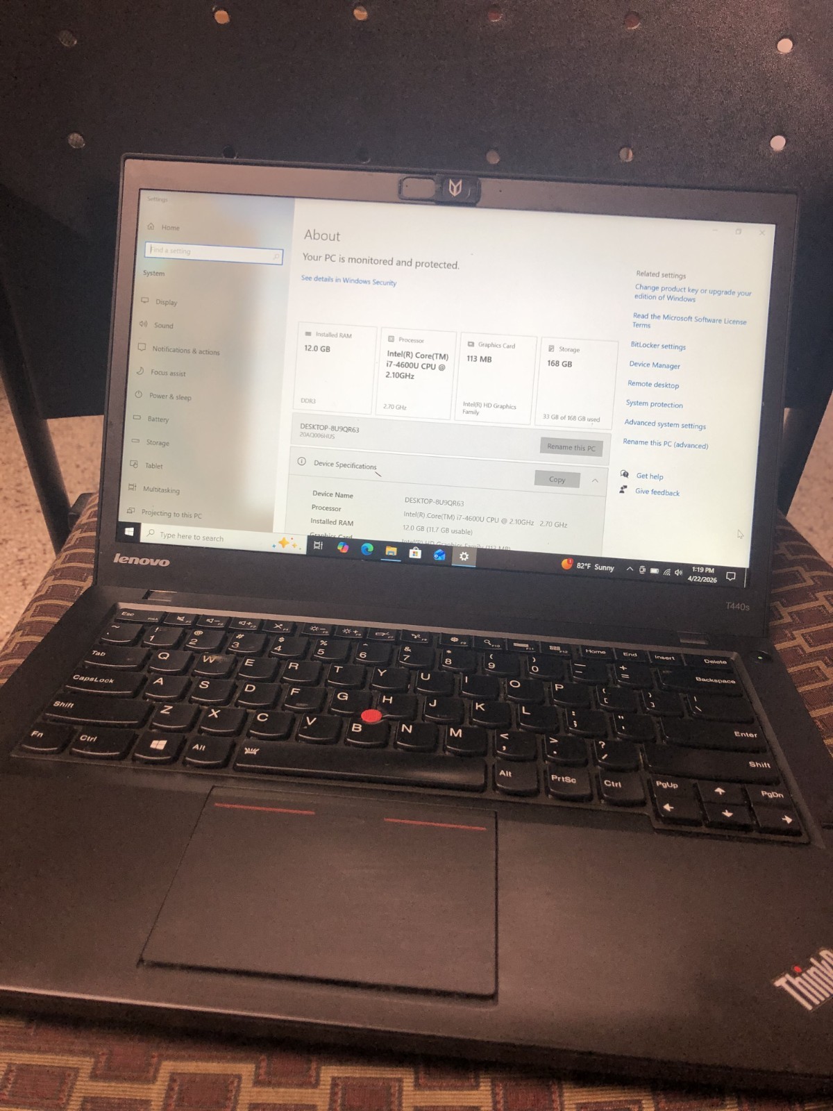 LENOVO THINKPAD T440S INTEL CORE I7-4600U CPU 2.10 GHZ 12 GB RAM 180 GB SSD WIN