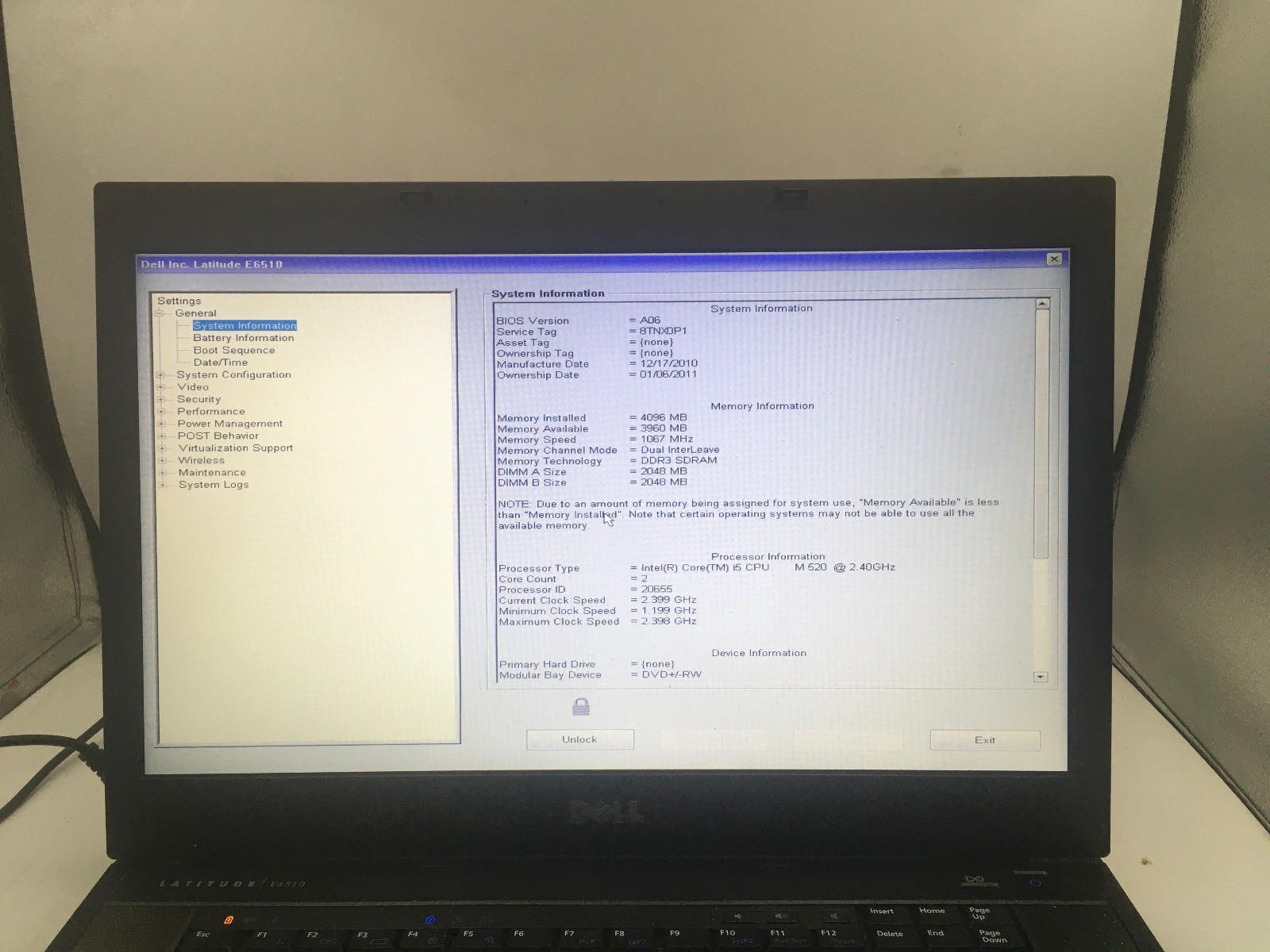 DELL LATITUDE E6510 – BOOTS TO BIOS/LOCKED – INTEL I5 M520 – 4GB RAM – READ – BB