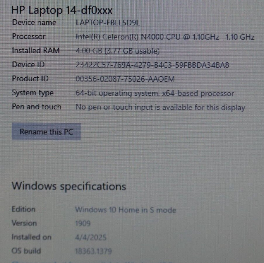 (14-df0018wm) HP 14 laptop, 4 GB ram, 1.10 GHZ