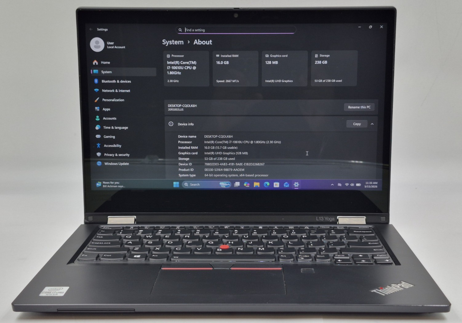 Lenovo ThinkPad L13 Yoga i7-10610U 1.80GHz 16GB RAM 256GB NVMe SSD Win 11 Pro