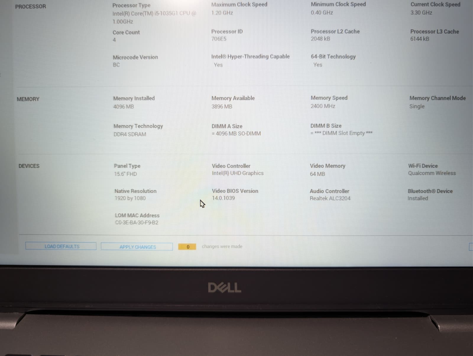 Dell Inspiron 5593 | i5 10th Gen NO RAM NO SSD | FHD Backlit FPS | Boot To Bios