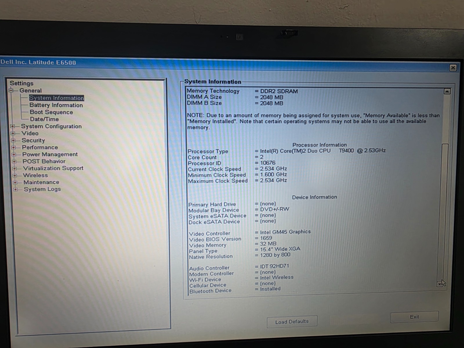 Dell Latitude E6500 Intel Core2 Duo CPU T9400 4GB Webcam