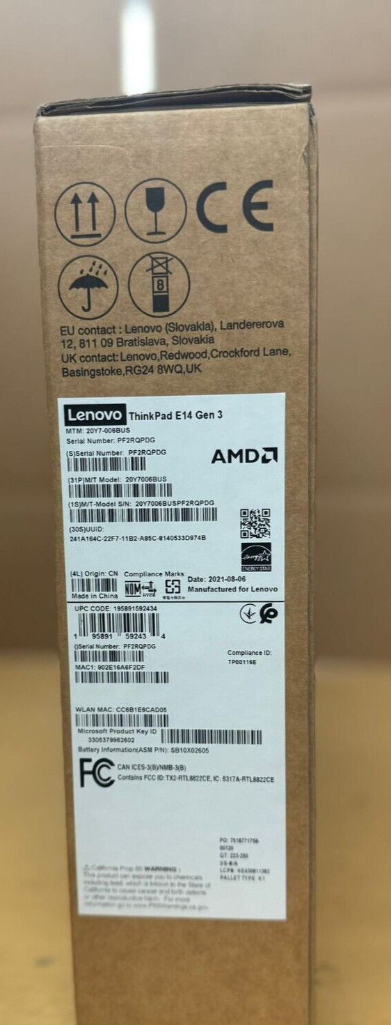 New Lenovo ThinkPad E14 Gen 3 Laptop, 14″ Display, AMD R7-5700U, 8GB RAM, 256GB