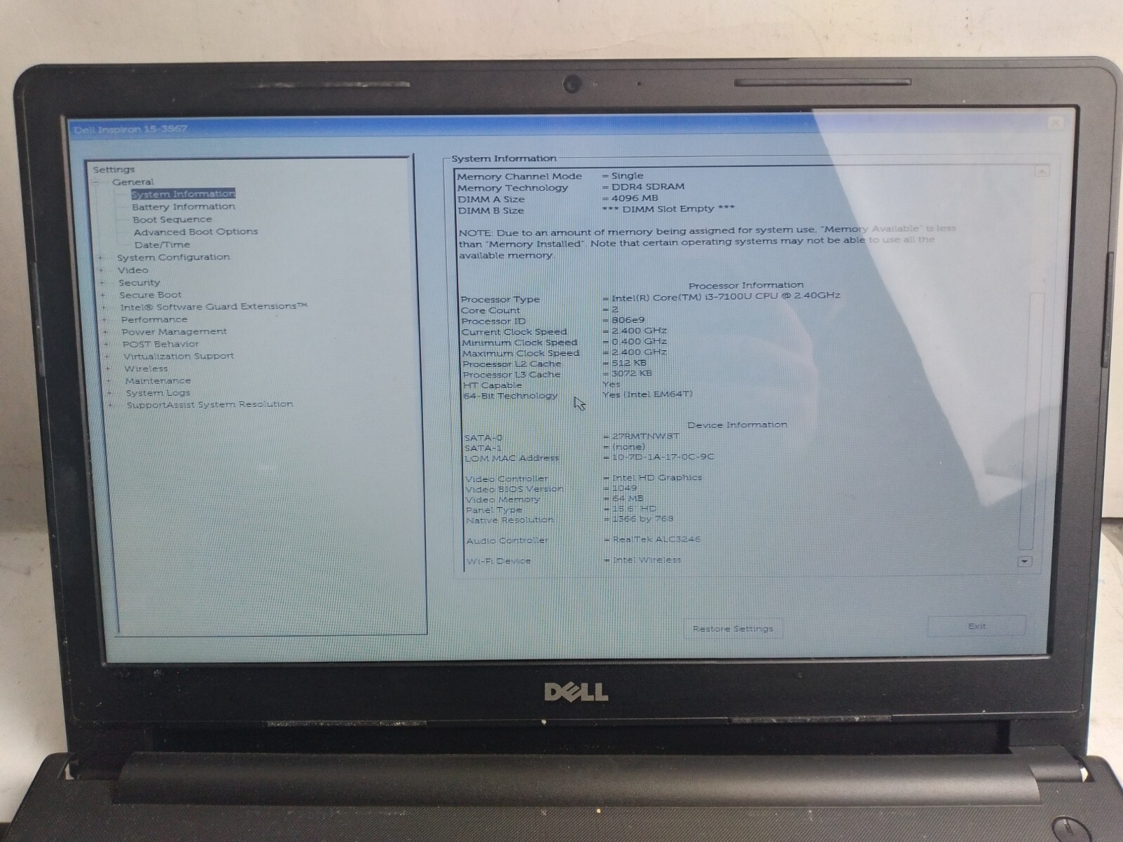 Dell Inspiron 15-3567 w/i3-7100U, 4GB RAM, 500GB HDD Laptop for Parts #2267