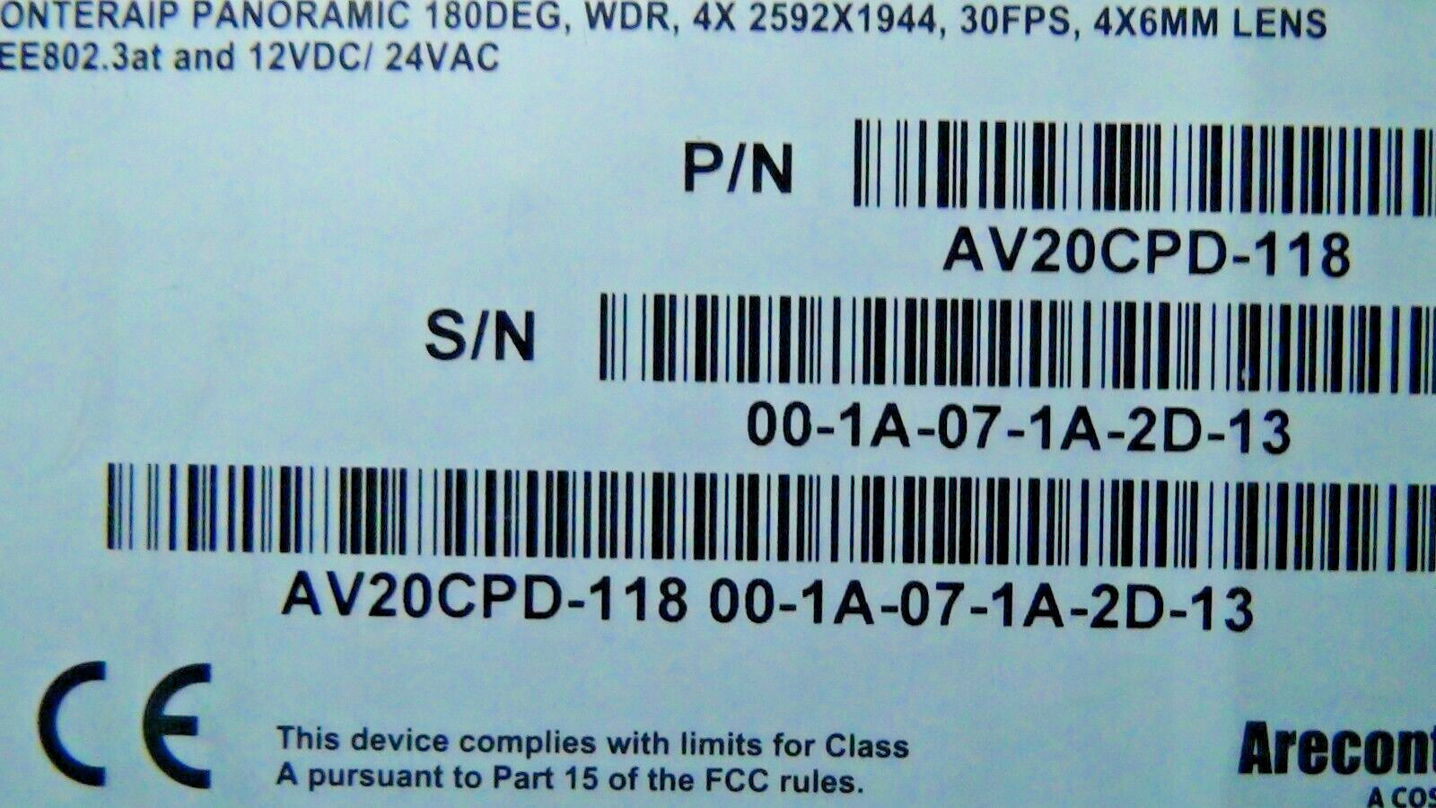 Arecont Vision AV20CPD-118 180˚ 20MP Panoramic Series Camera /w Night Vision