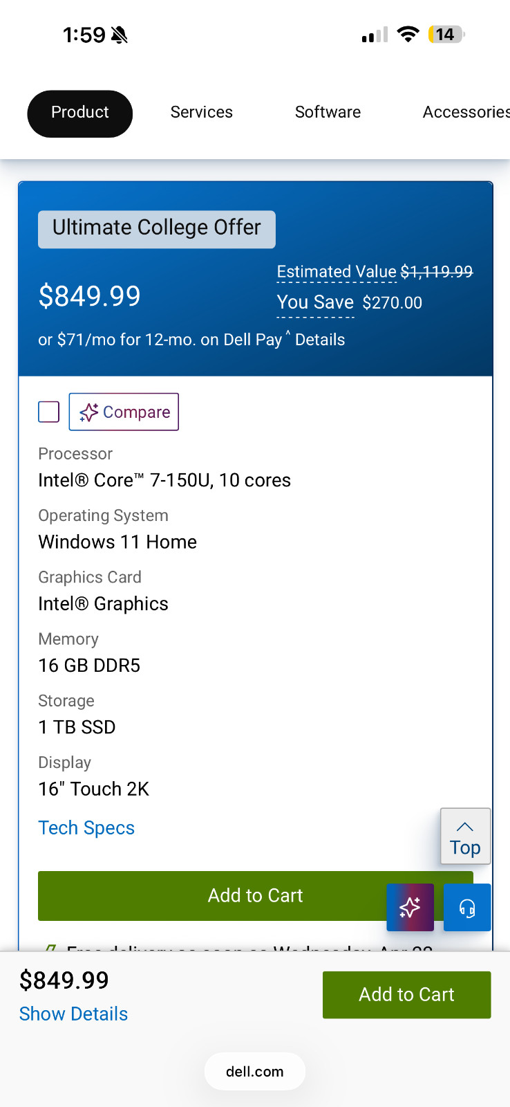 Dell 16 Intel(R) Core 7-150U, 10 Core, 16GB ram, Touchscreen