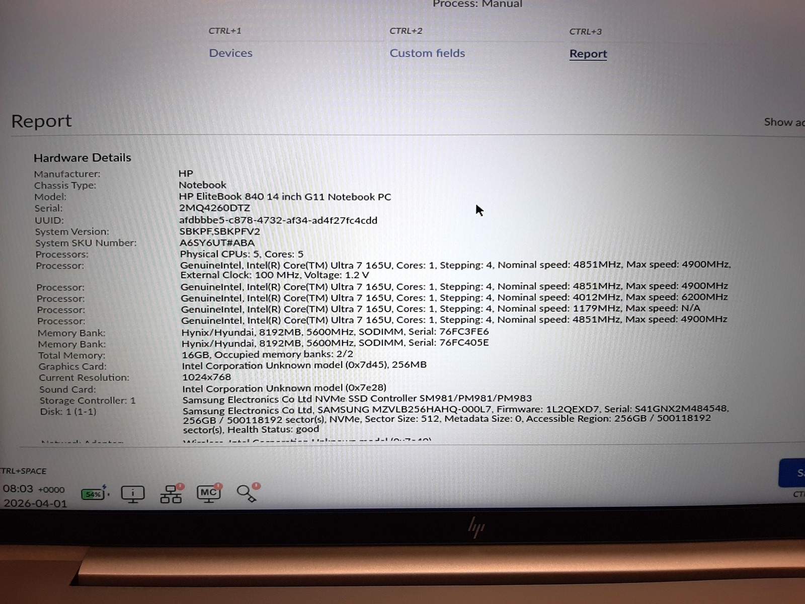 HP EliteBook 840 G11, Ultra 7 165U, 1.70GHz. 16GB RAM, 256GB NVMe, No AC C4*59