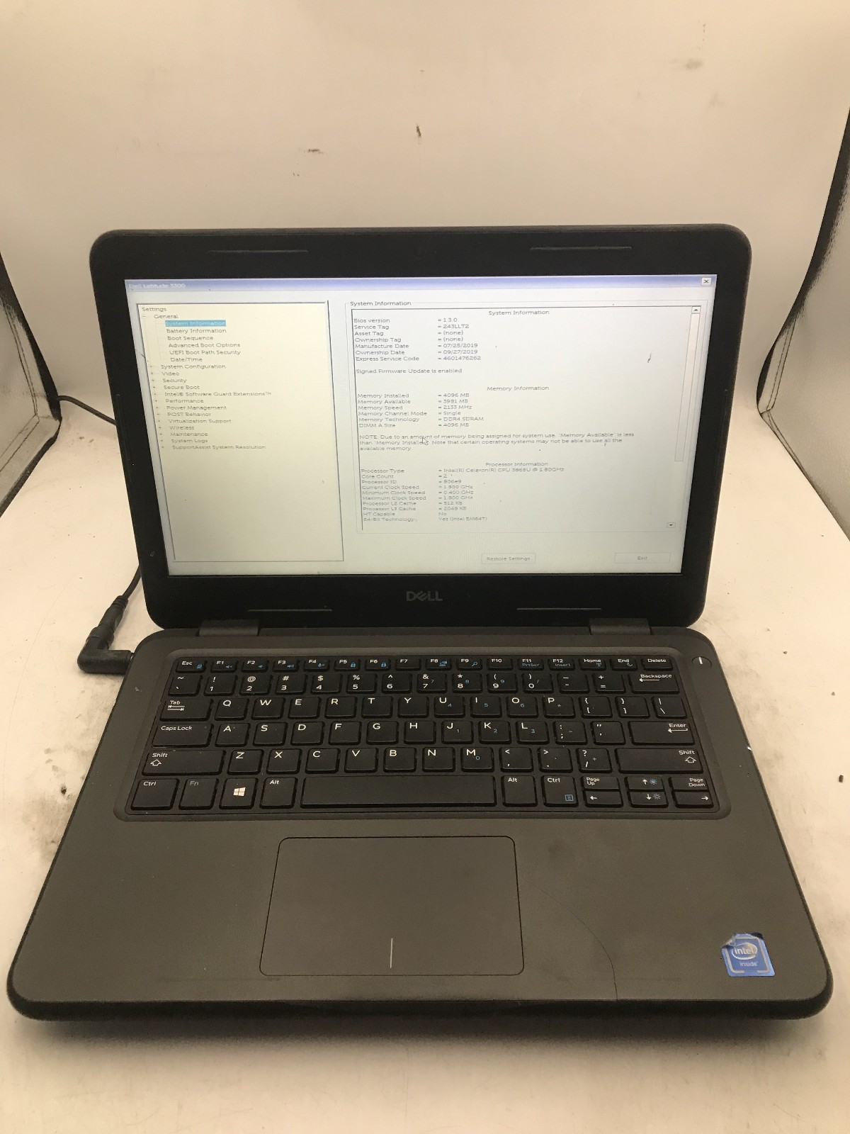 DELL LATITUDE 3300 – BOOTS TO BIOS – INTEL CELERON 3865U – NO RAM – READ – BB