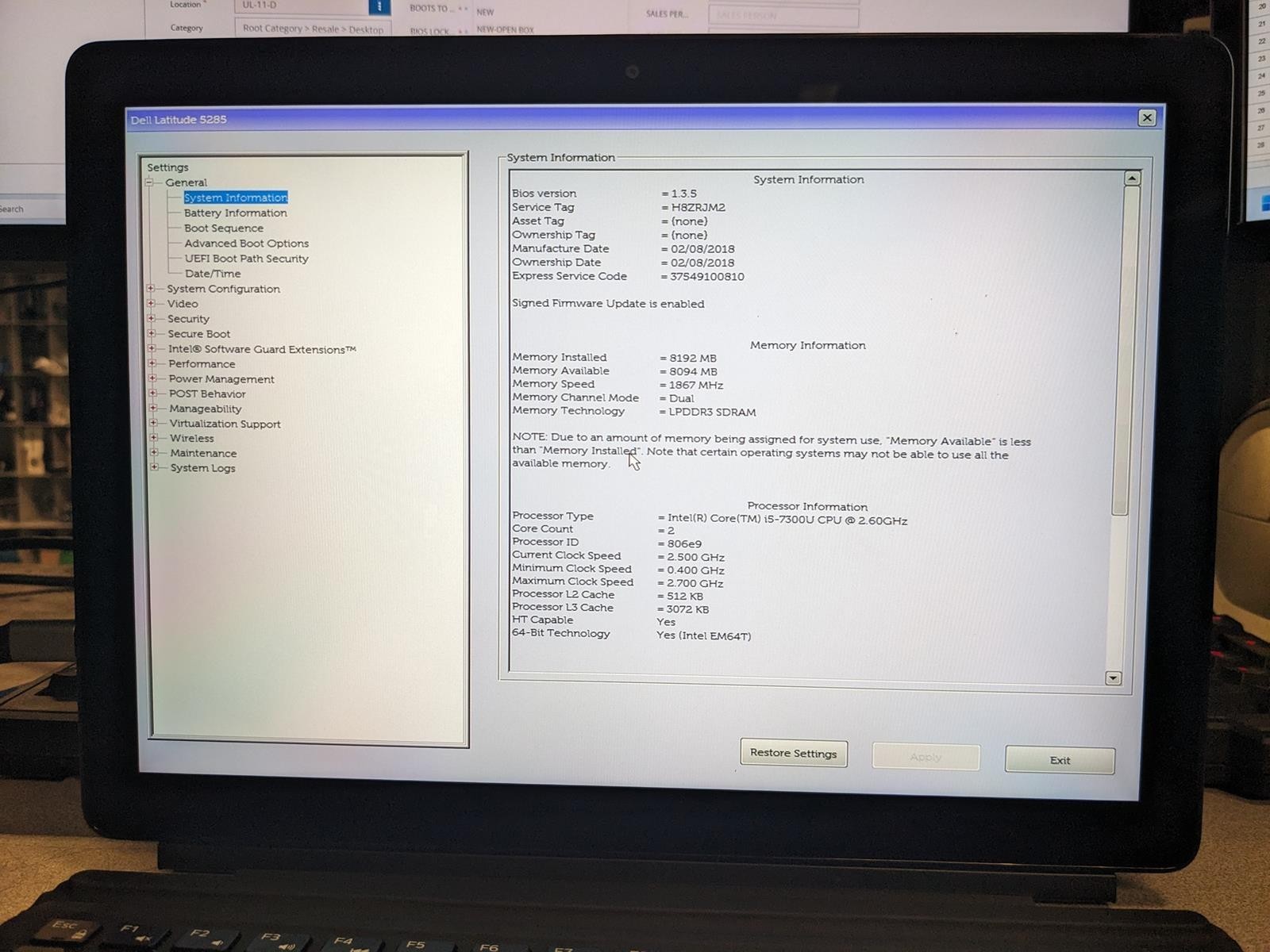 DELL LATITUDE 5285 I5-7300U @ 2.6GHz, 8GB RAM, NO HDD/OS