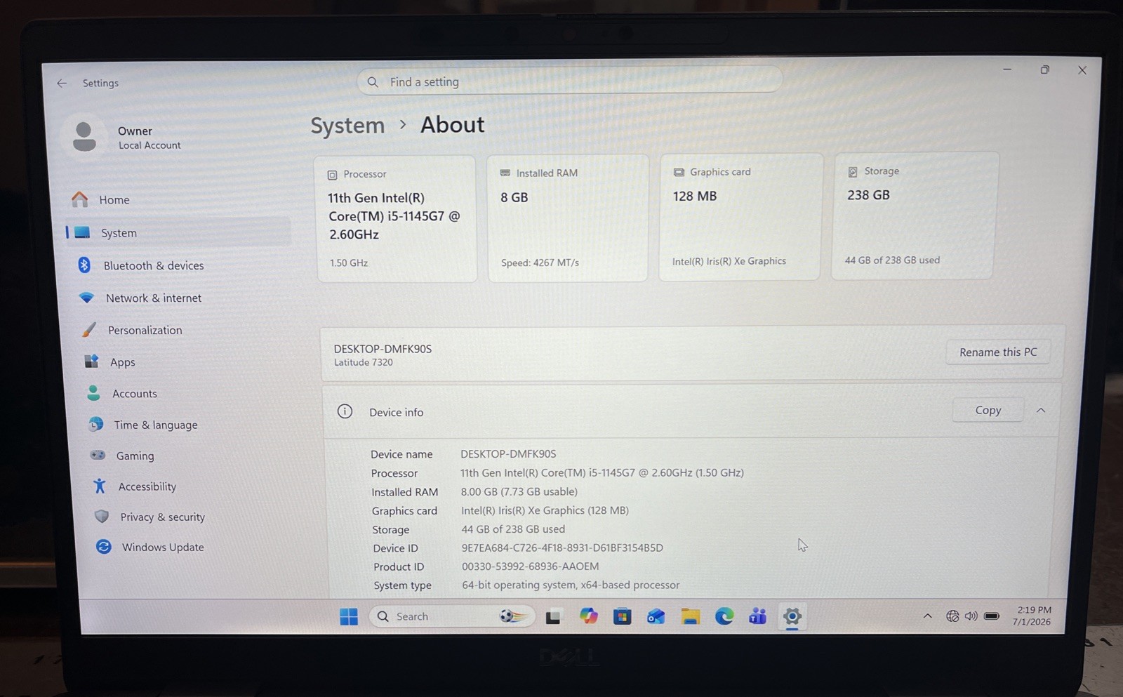 Dell Latitude 7320 13.3″ i5-1145G7@2.6GHz, 8GB RAM, 256GB M2, Win 11 Pro *READ*
