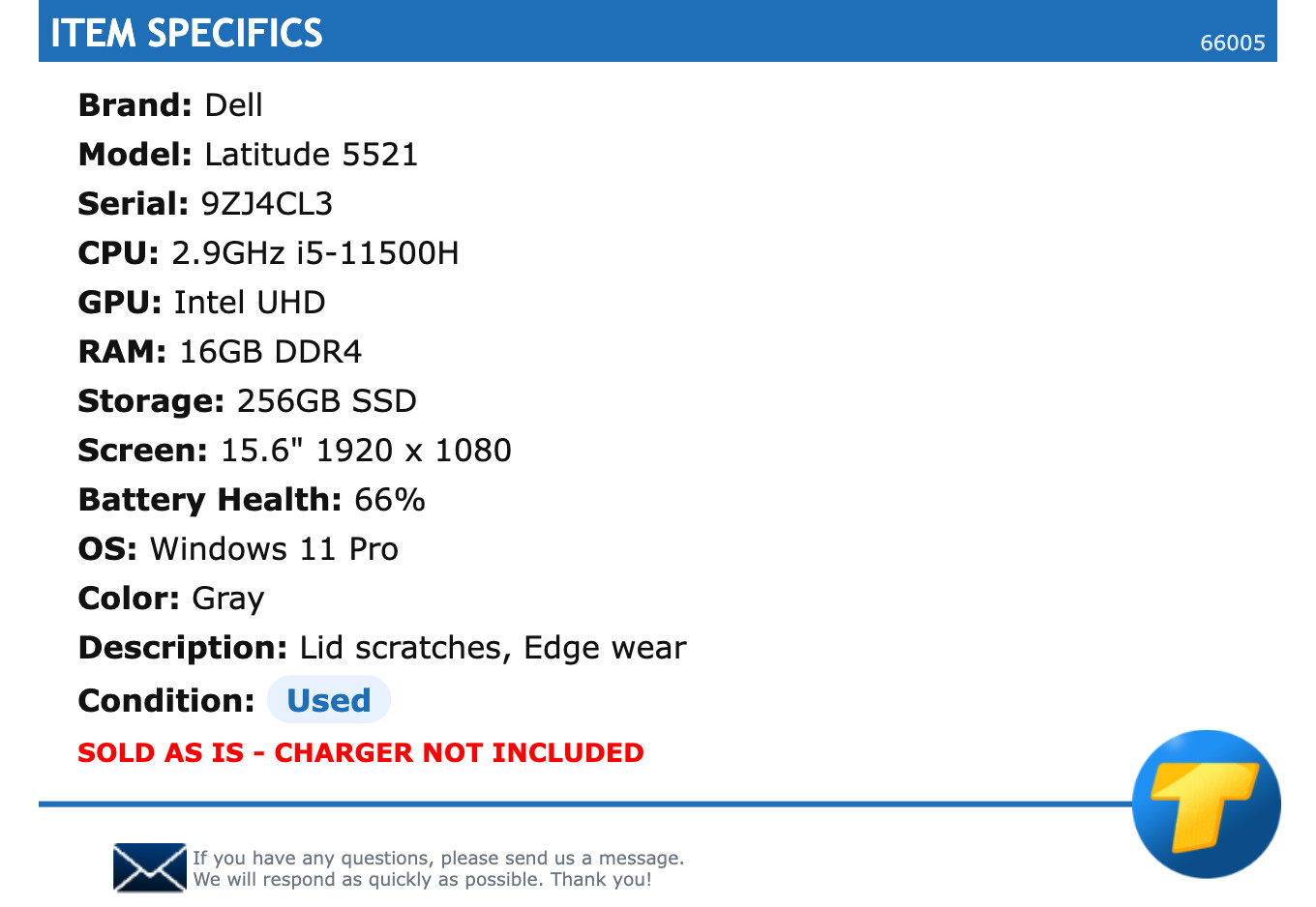 Dell Latitude 5521 – 15.6″ FHD, 2.9GHz i5, 16GB RAM, 256GB SSD, Windows 11 Pro