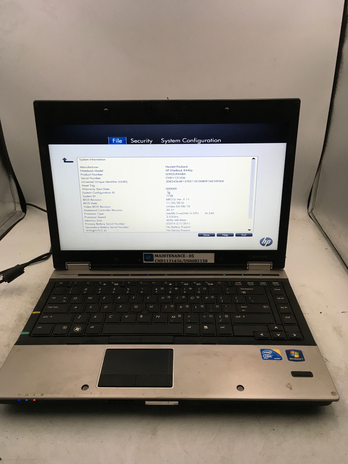 HP ELITEBOOK 8440P – BOOTS TO BIOS – INTEL CORE I5 M540 – 4GB RAM – READ – BB
