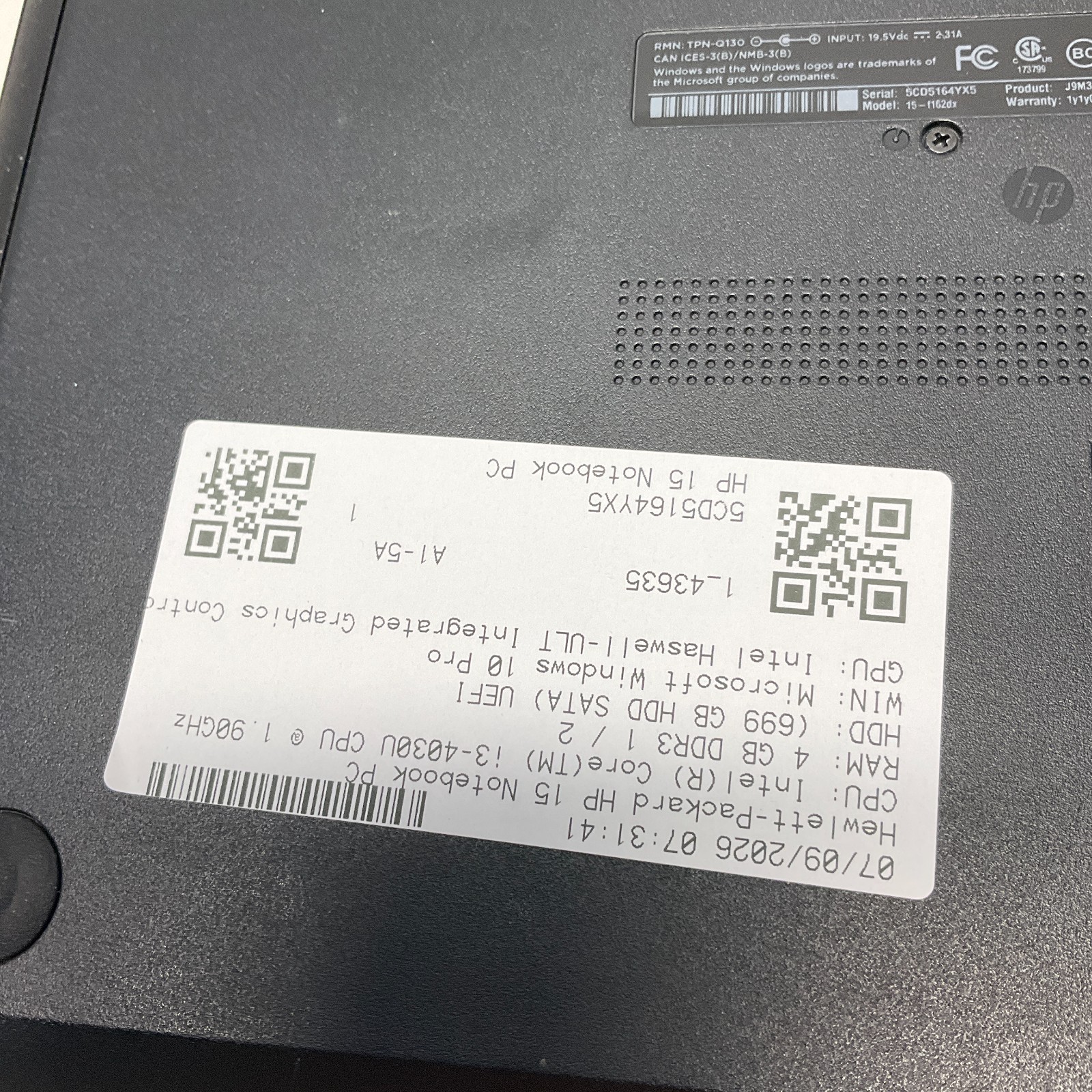 HP 15-f162dx Notebook i3-4030U@1.9GHz 4GB 750GB HDD Windows 10 Pro Laptop NO BAT