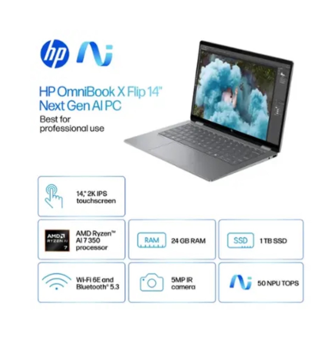 HP 14″ OmniBook X Flip 2-in-1 Copilot PC AMD Ryzen AI 7, 24GB RAM, 1TB SSD