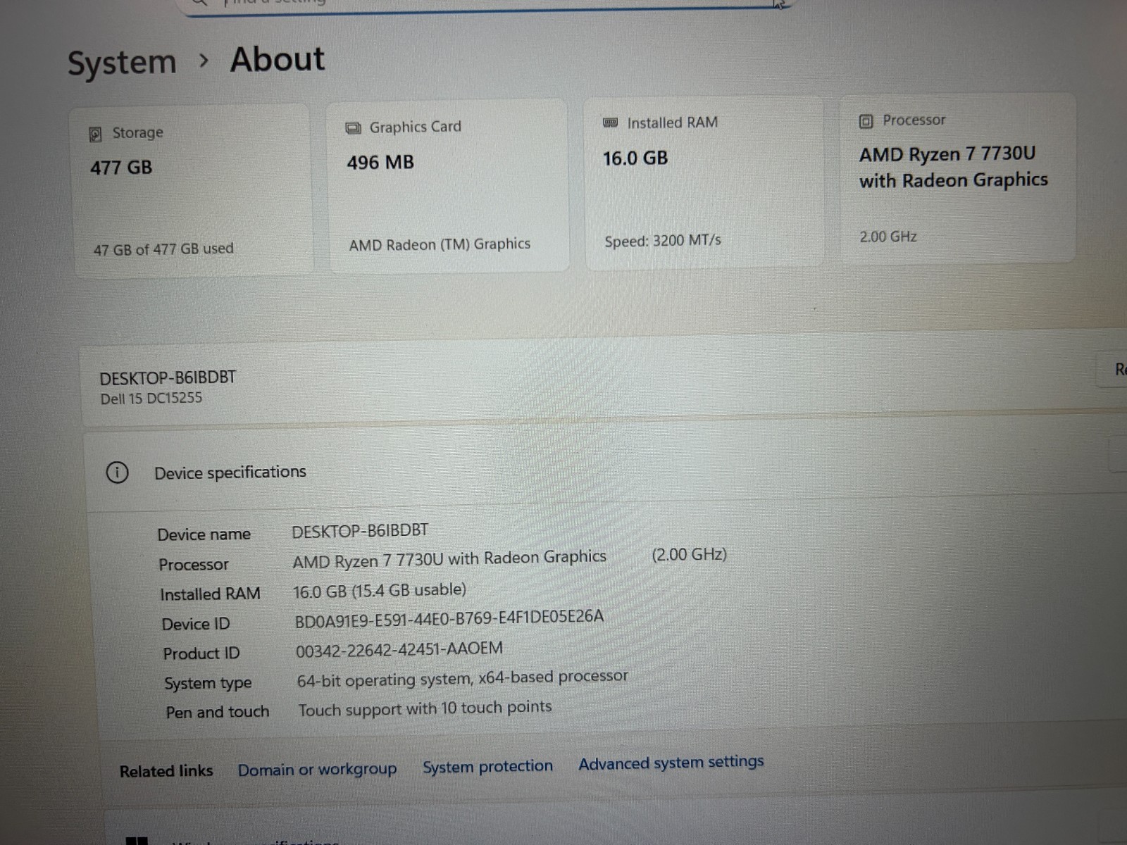 DELL 15 DC15255 G8MK9, AMD Ryzen 7 7730U, 2.00 GHz, 16 GB RAM, 512 GB NVMe SSD