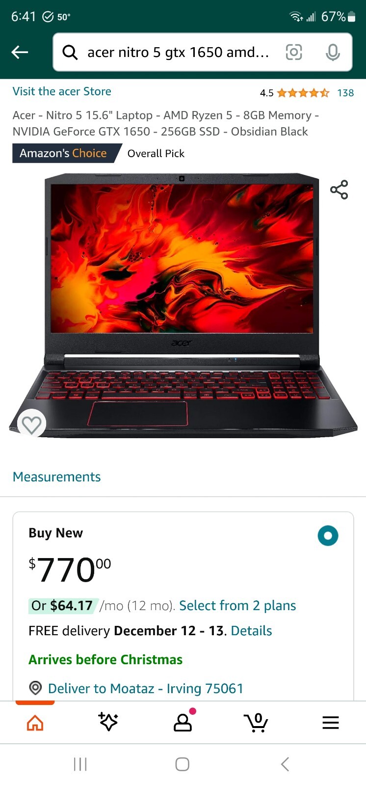 Acer Nitro 5 15.6″ GTX 1650 AMD Ryzen 5 3550h Quad Core Gaming Laptop PC 265GB