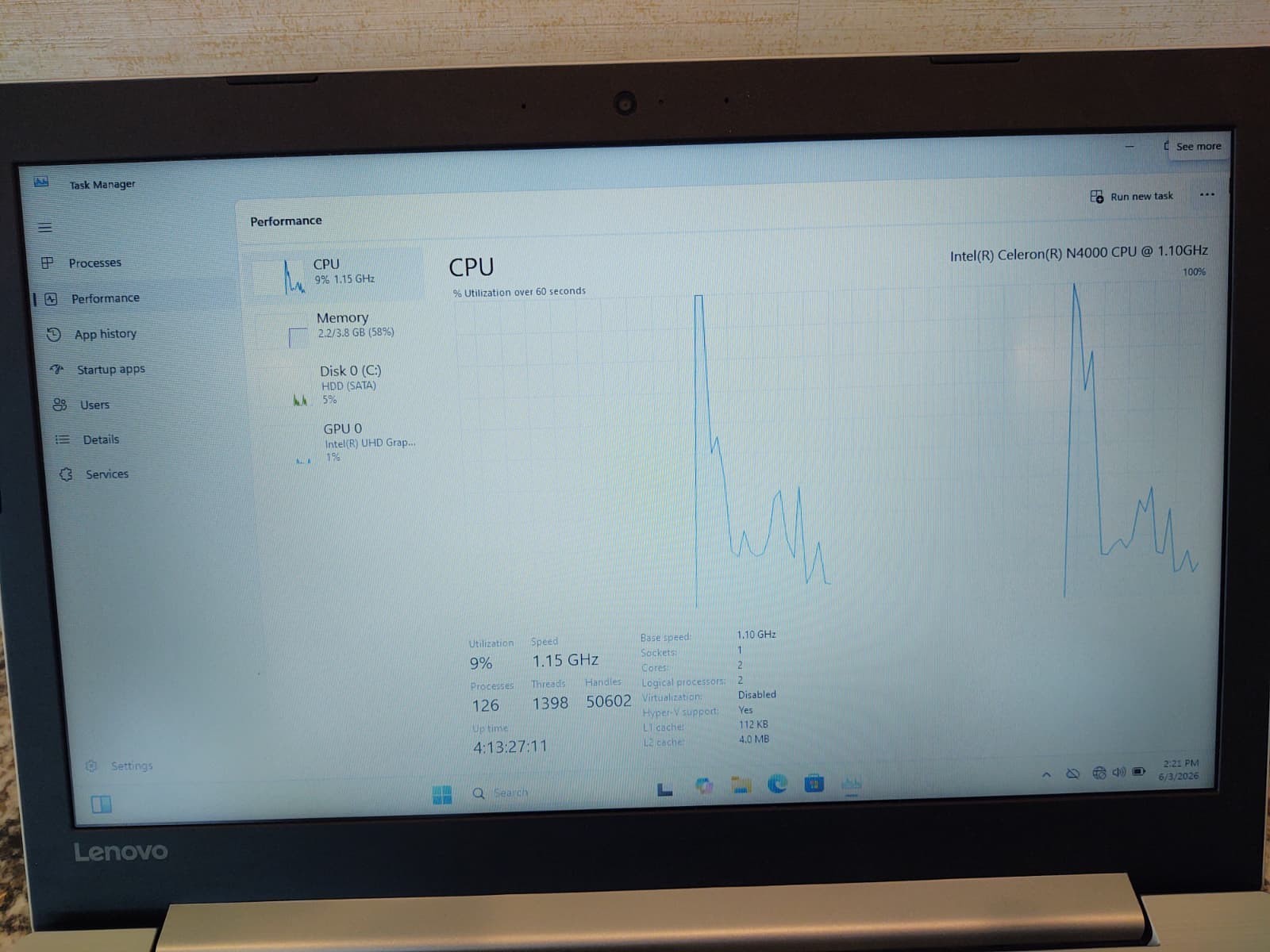 LENOVO IDEAPAD 330-15IGM Laptop w/ Celeron N4000 1.10 GHZ + 4 GB 1TB HDD