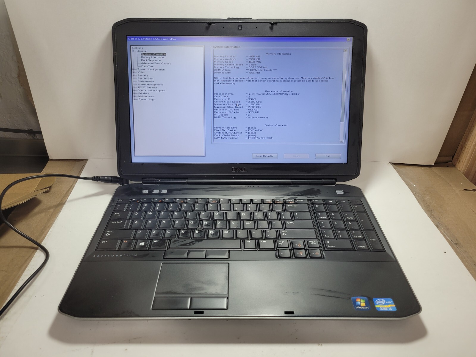 Dell latitude E5530 w/i5-3320M, 4GB RAM Laptop for Parts/Repair #0237