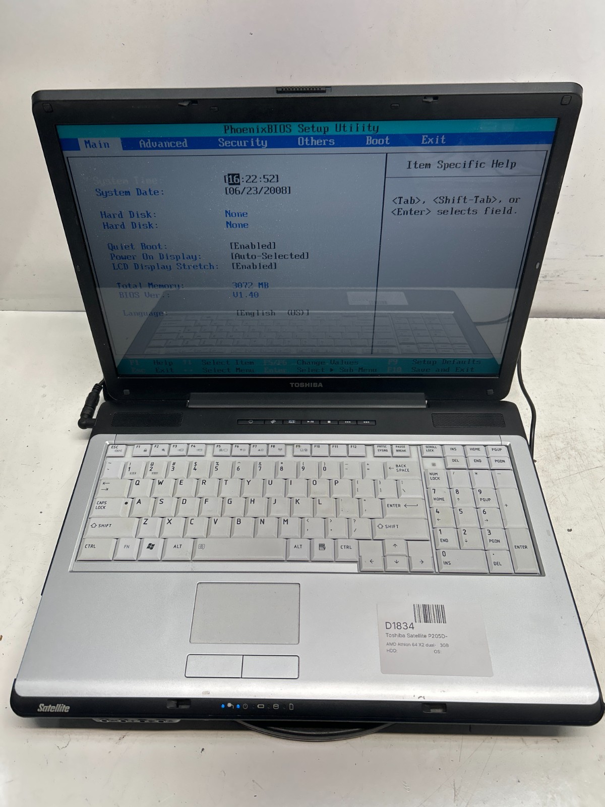 Toshiba Satellite P205D-S7436 AMD Athlon 64 X2 Dual-Core 1.7GHz 3GB NO HDD