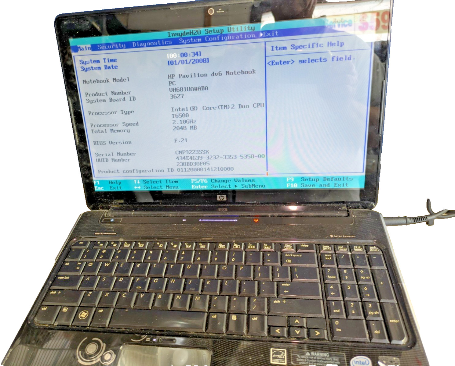 HP Pavilion DV6-1230us Laptop Intel Core 2 Duo T6500 2GB RAM NO HD/OS/BATT