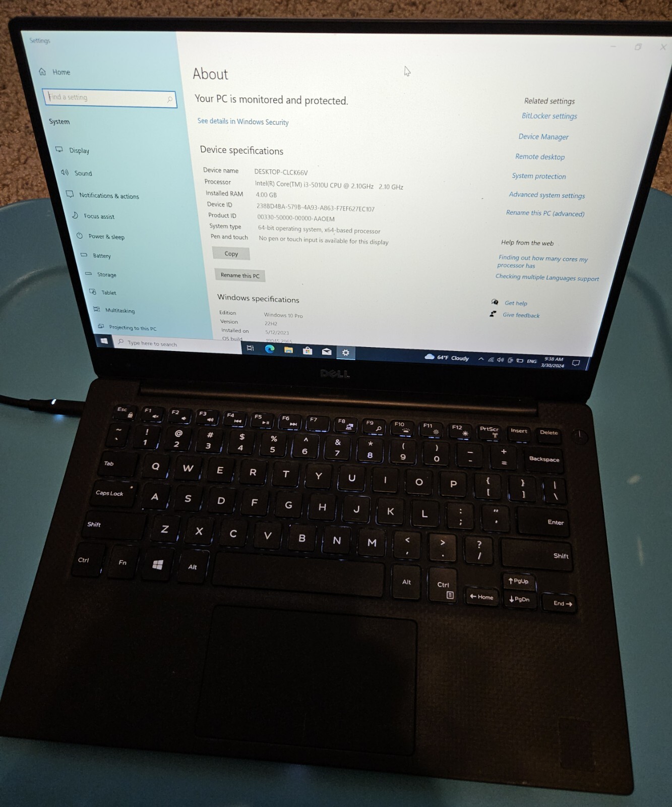 Dell XPS 13 9343 13″ Laptop I3-5010U 2.10GHz 4GB RAM 128GB SSD Win10Pro