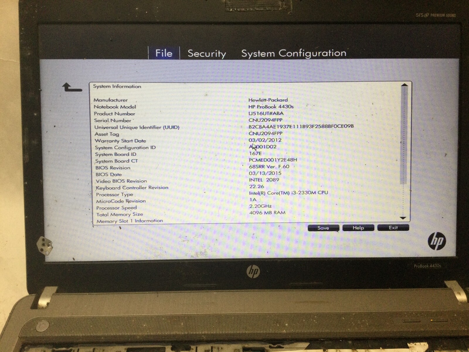 HP PROBOOK 4430s – INTEL I3 2330M – NO RAM – BOOTS TO BIOS – READ DESCRIPTION-BB